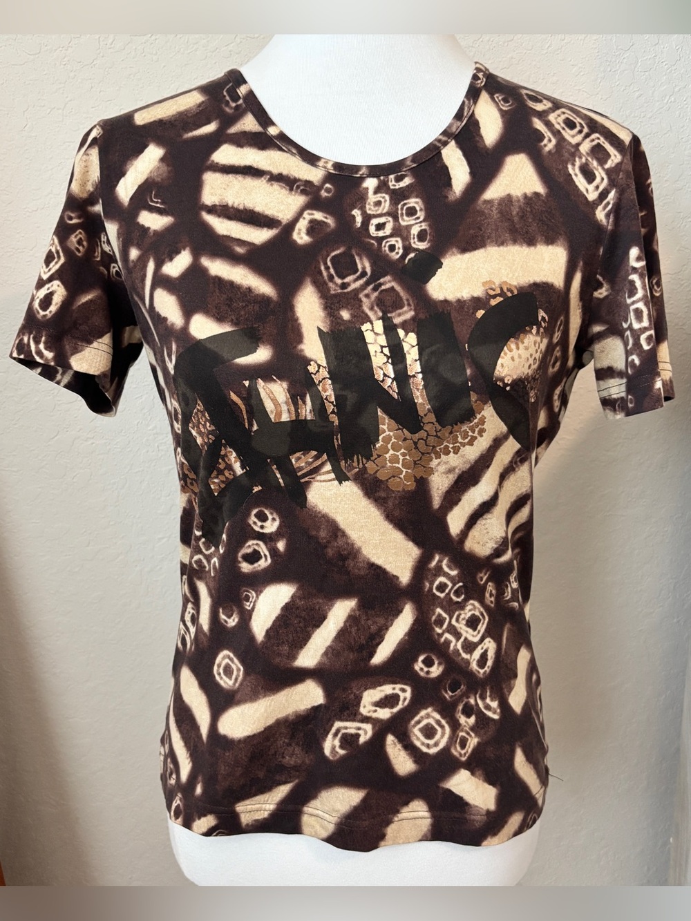 Escada Vintage Brown Abstract Geometric Print Short Sleeve Round Neck Top 38 / 6